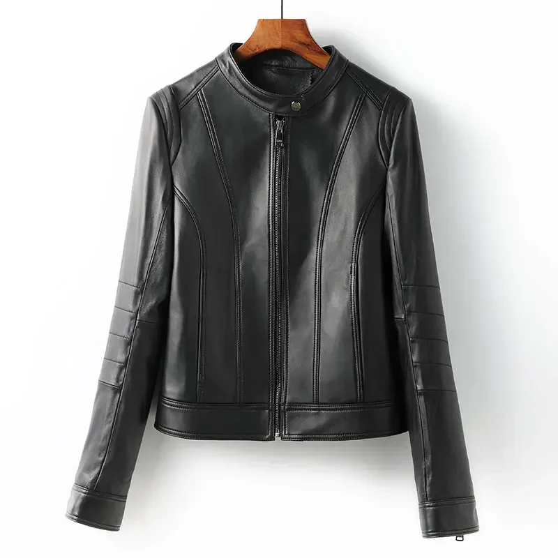 

2022 New Spring Genuine Leather Jacket Women Short Slim Fashion Sheepskin Motorcycle Leather Jacket Coat Jaqueta De Couro Lq242