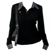 T-shirts à col polo en patchwork écossais brodé, faux deux-pièces, coupe slim, style urbain, mode décontractée pour femmes, printemps automne 1