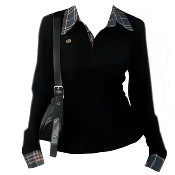 Magliette con Collo a Polo, Patchwork a Quadri e Ricami, Primaverili e Autunnali, Effetto Due Pezzi, Slim Fit, Stile High Street, Moda Casual per Donna
