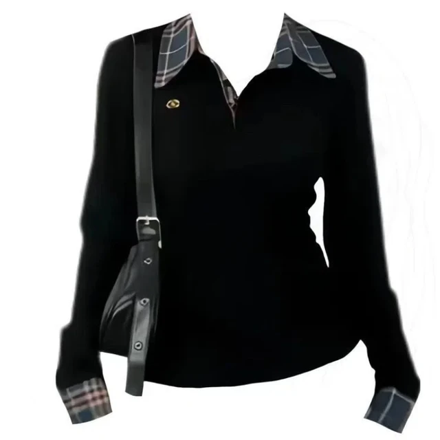 T-shirts à col polo en patchwork écossais brodé, faux deux-pièces, coupe slim, style urbain, mode décontractée pour femmes, printemps automne 1