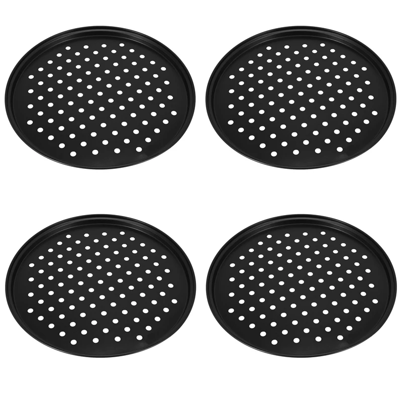 

4X 10 Inch Personal Perforated Pizza Pans Black Carbon Steel With Nonstick Coating Easy To Clean Pizza Baking Tray