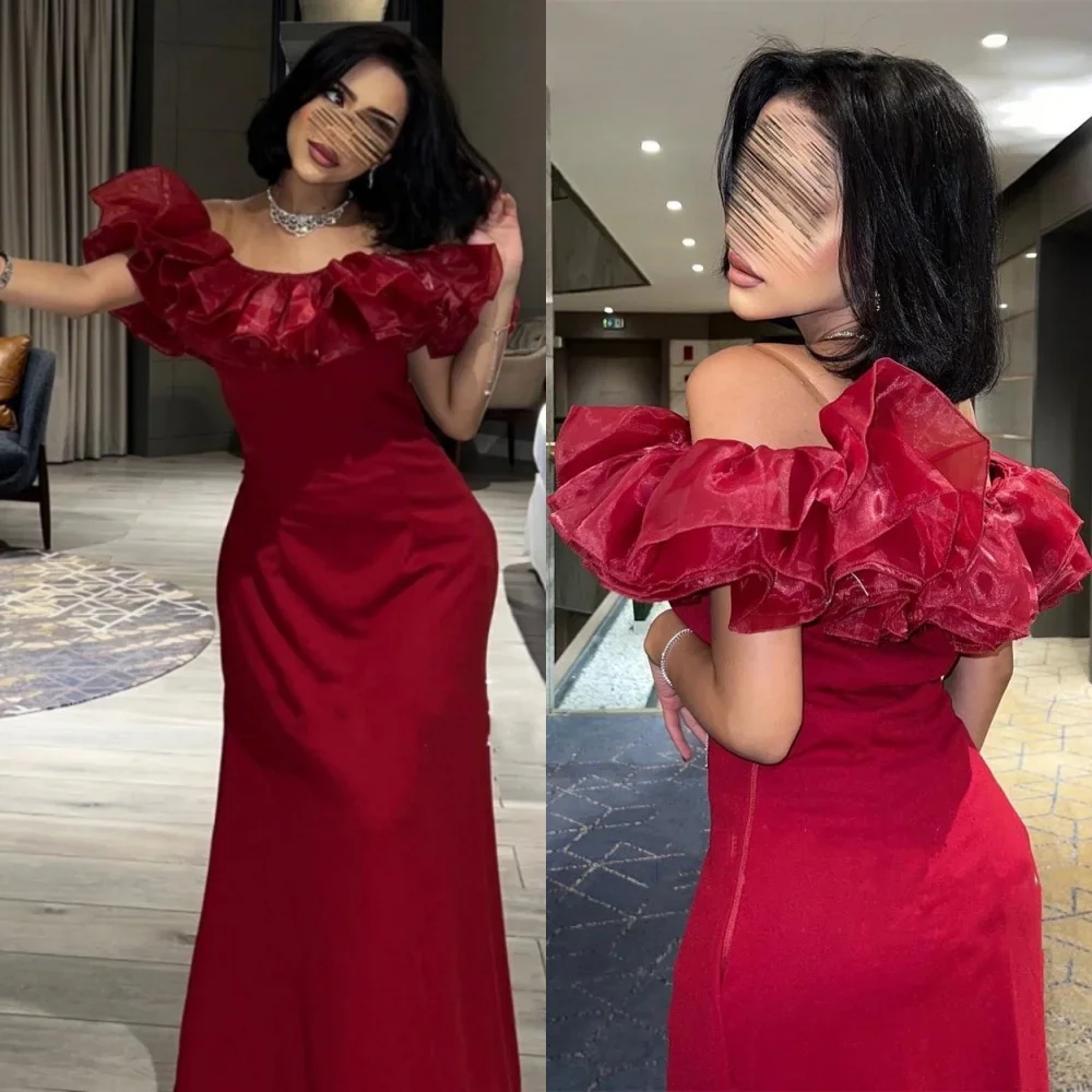

Arabic Burgundy Mermaid Evening Dresses Organza Ruffles Off The Shoulder Bespoke Formal Occasion Party Gowns Long فساتين سهرة