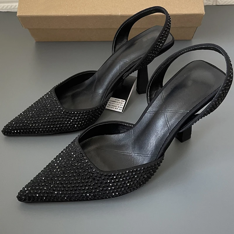 Rhinestone Heels Female Elegant Stiletto Ankle Strap Black Kitten Heel Sandals Ladies Pointed Toe Summer Luxury Woman Pumps 2022