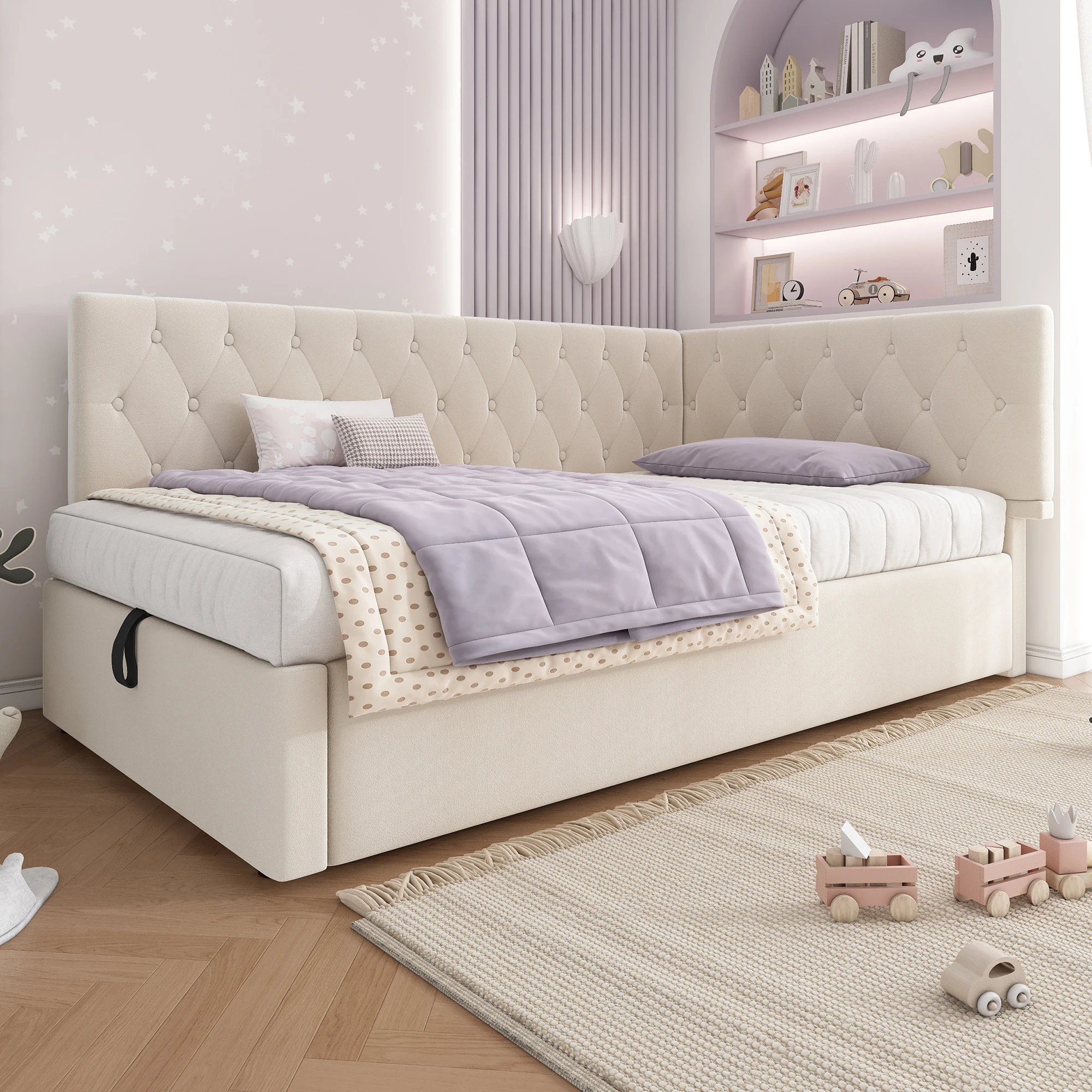 Polsterbett-Tagesbett 90x200cm, Schlafsofa mit hydraulischem Stauraum, Kinderbett Jugendbett Bettgestell mit Lattenrost aus Holz – Detail 10