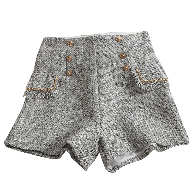 Korean-Style Women's Double-Breasted High Waist Shorts 2023 Autumn Easy Matching Elegant Slimming Straight Tweed Shorts Trendy