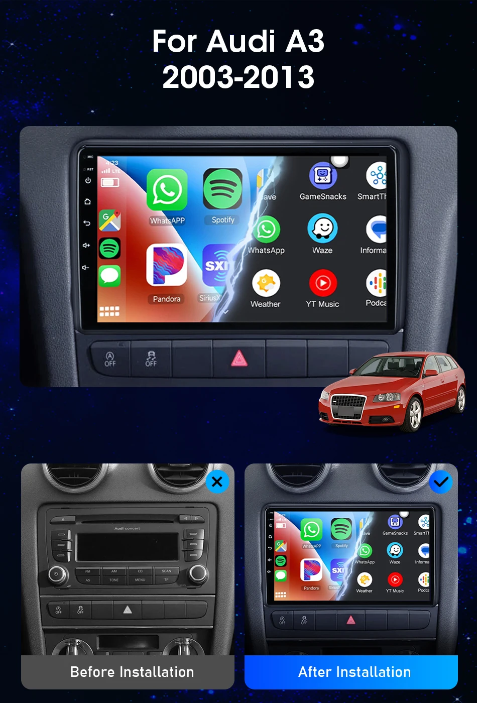 Srnubi Autoradio für Audi A3 8P S3 RS3 2003-2009 2010 2011 2012 2013 Multimedia Player 2Din Carplay Android Auto Headunit Stereo – Detail 2