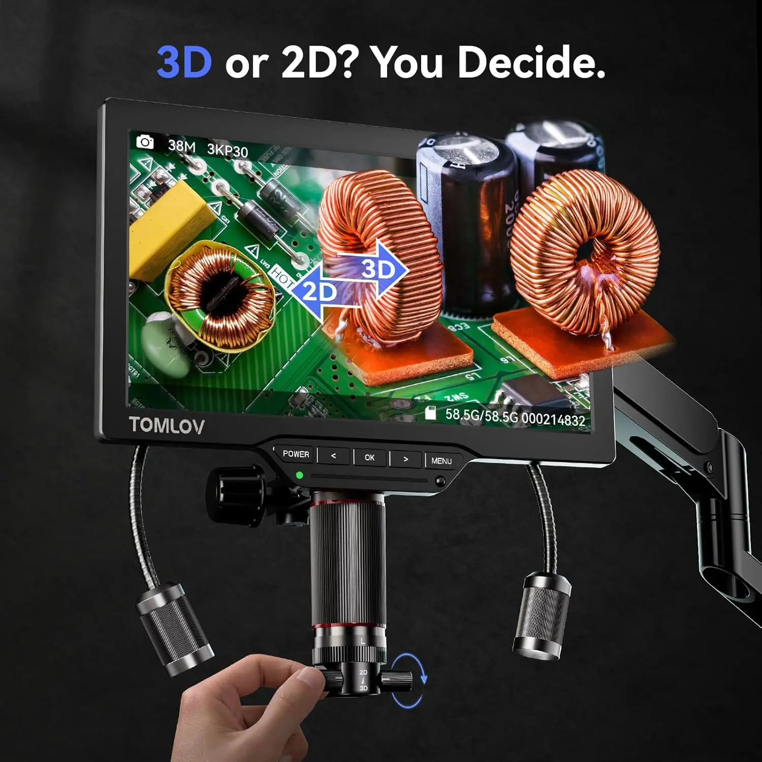 TOMLOV 현미경 3D TM3K-3D 7 3K HDMI 전자 수리 현미경 자기 듀얼 렌즈 플렉스 암 링 라이트 납땜 도구