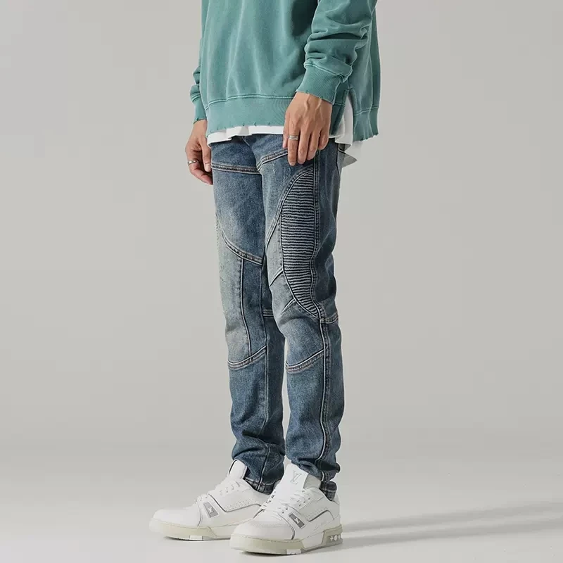 Street Fashion Men Jeans Retro Blue Elastic Slim Fit Spliced Biker Jeans Men Punk Trousers Patched Designer Hip Hop Pants Hombre