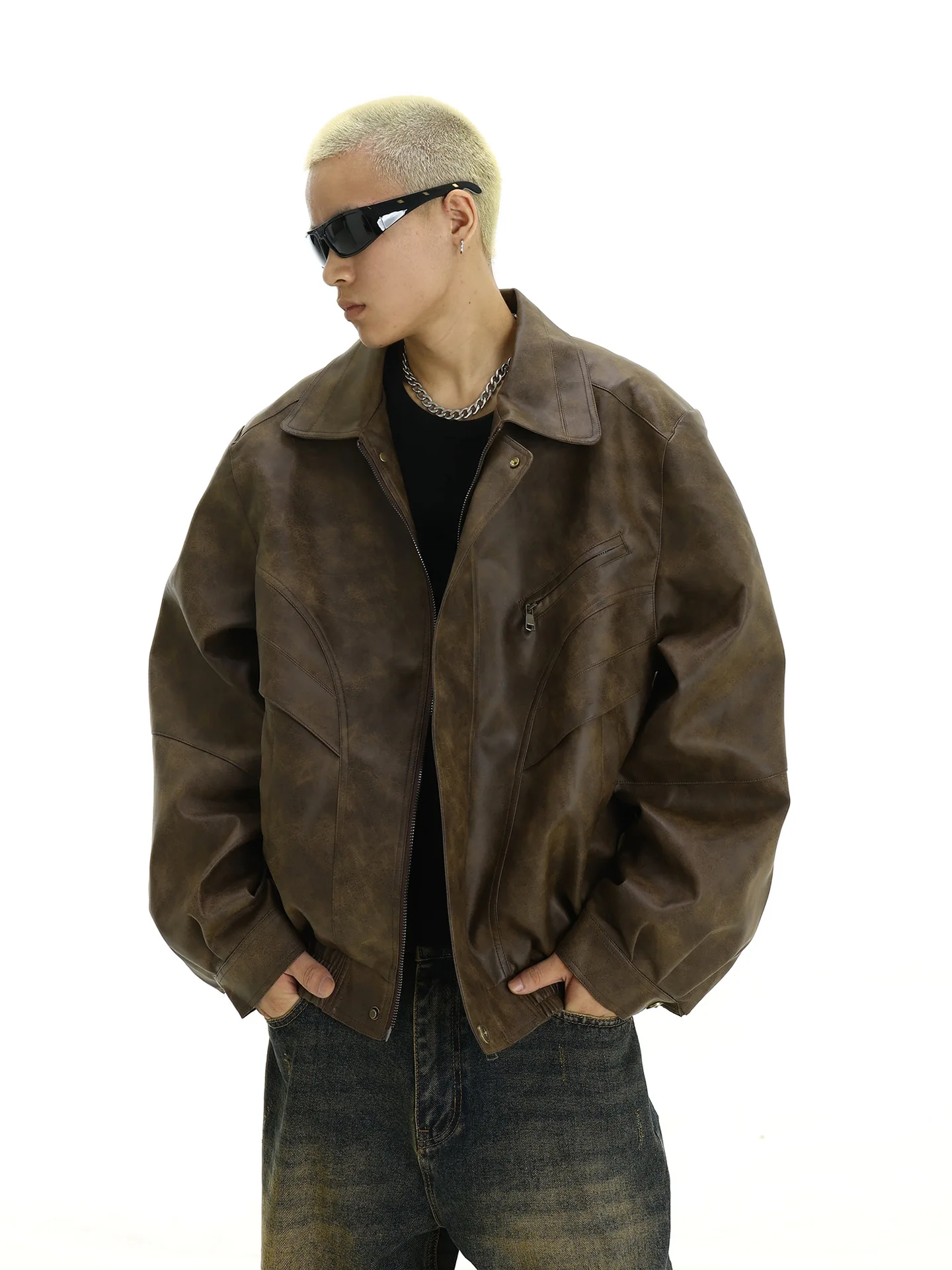Retro brown distressed leather jacket, men's trendy and handsome design, niche couple casual lapel jacket