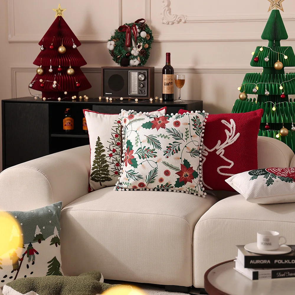 Christmas Decoration Pillow Cover for Sofa Reindeer Snow Mountain
