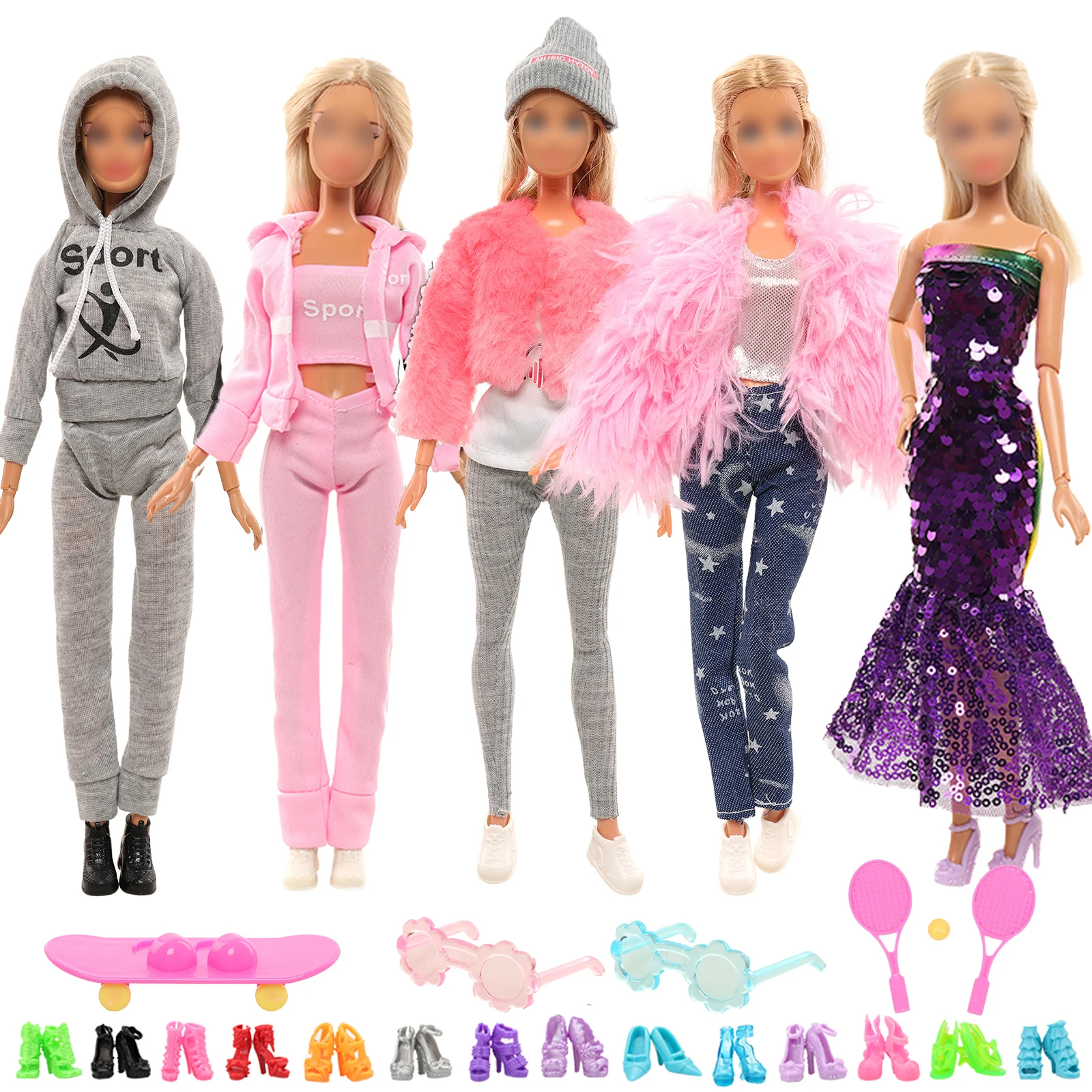 

Городской уличный стиль, 21 шт. включает 5 предметов одежды + 2 ракетки для тенниса + 1 теннисный мяч + 2 очки + 10 туфель + 1 скутер для Игрушки 11,5 дюйма