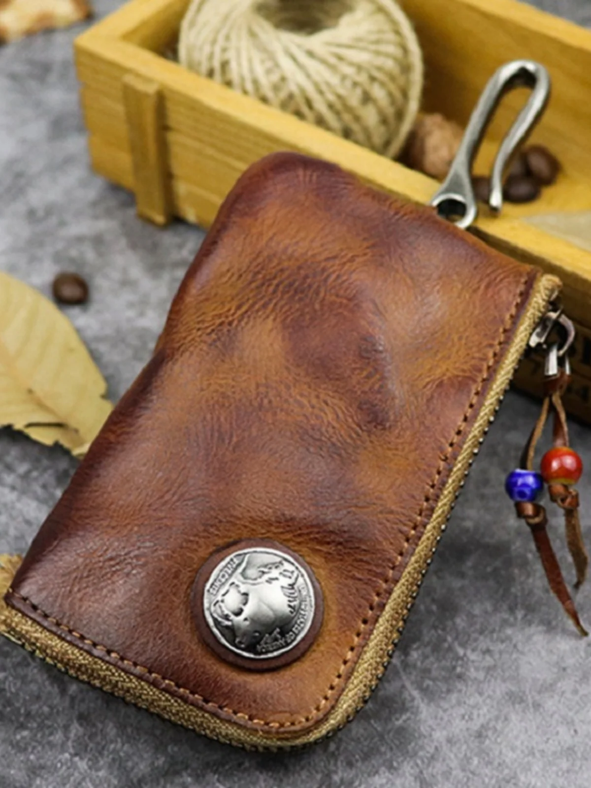 

Key Bag Genuine Leather Vintage Bag Men's Multifunctional Personality Card Holder Vegetable Kneading Cowhide Zipper