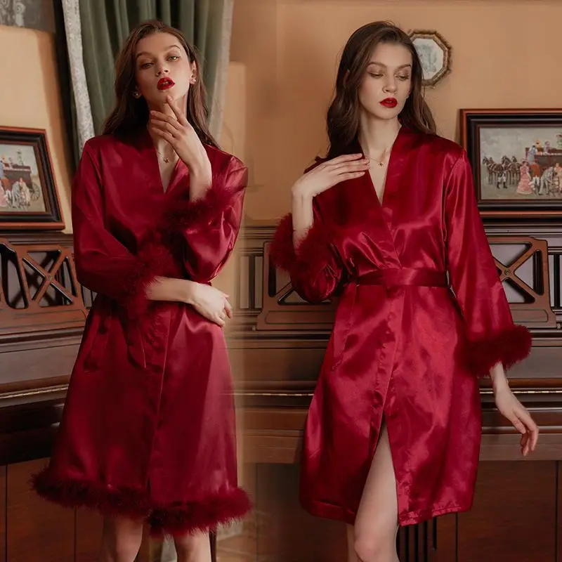 Spring New Feather Morning Gowns Bridesmaid Wedding French Style High Sense Ice Silk Robe Women's Large Size Thin V-neck Pajamas
