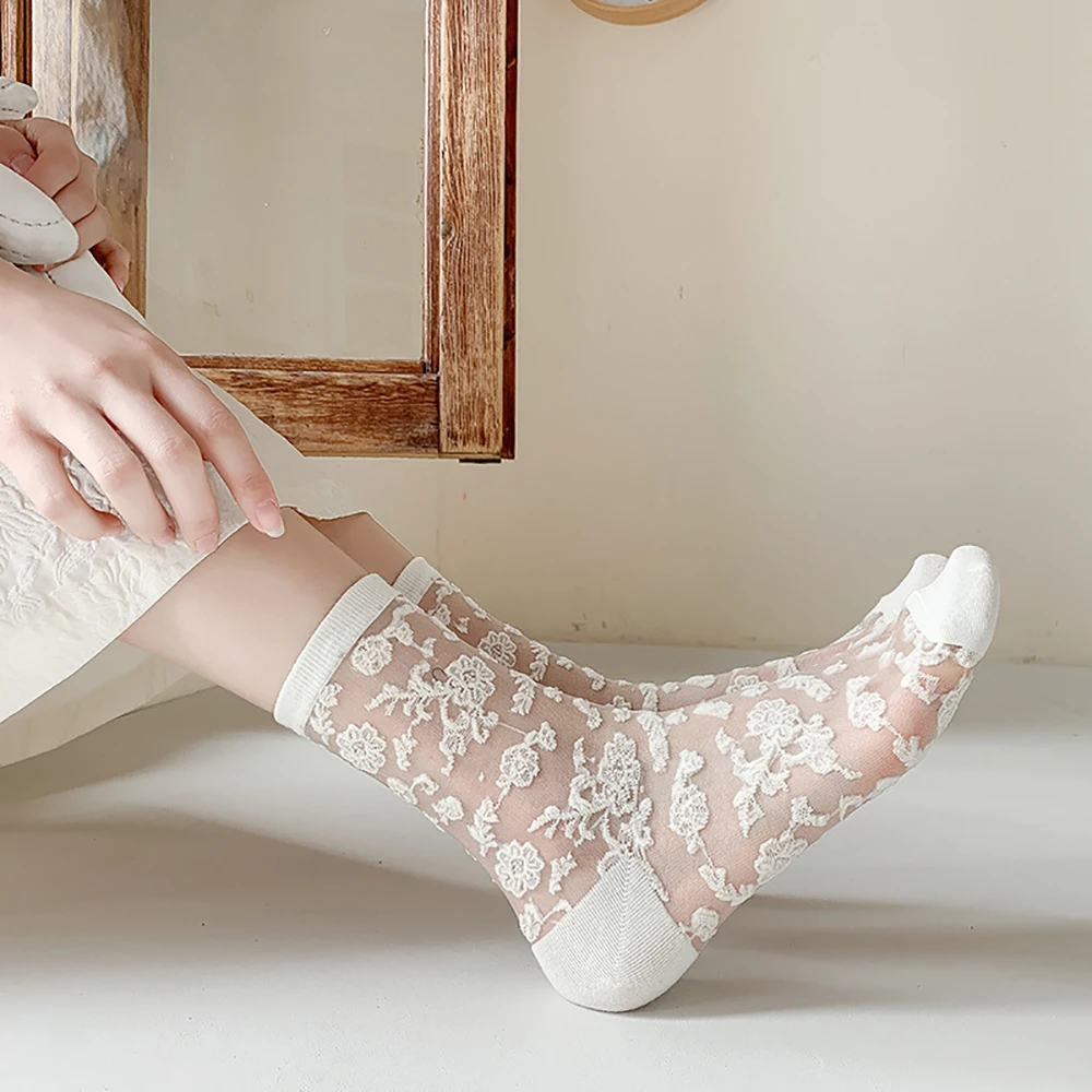 

Transparent Vintage Girl Lolita Summer Glass Silk Hosiery Women Socks Floral Print Socks Medium Tube Socks