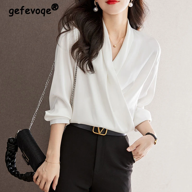 

Women High Quality Satin Elegant White Blouse Spring Autumn Fashion Simple Commuter Shirts V Neck Long Sleeve Loose Tops Blusas