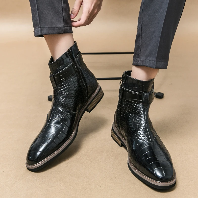 High End Banquet Formal Boots Winter Ankle Boots Men's Business Shoes Pointed Men's Genuine Leather Shoes Retro Brown Size:38-46