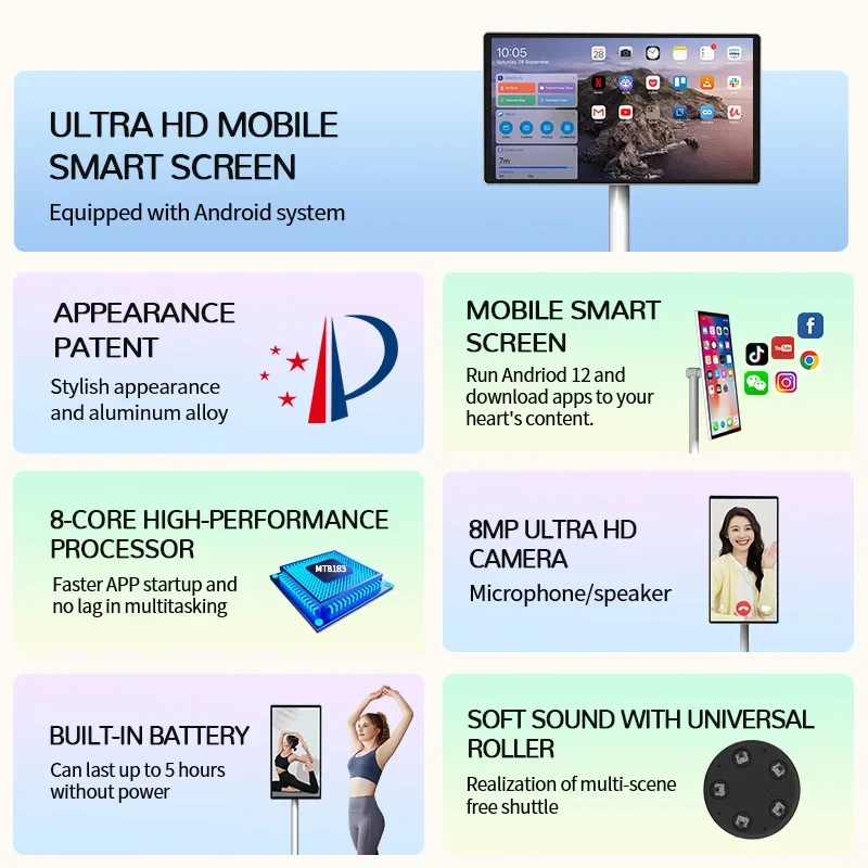 White 6Gb+128Gb Flat Screen Tv 21.5 Inch Digital Signage on Wheels Movable Charging Smart Display Interactive Smart Portable Tv