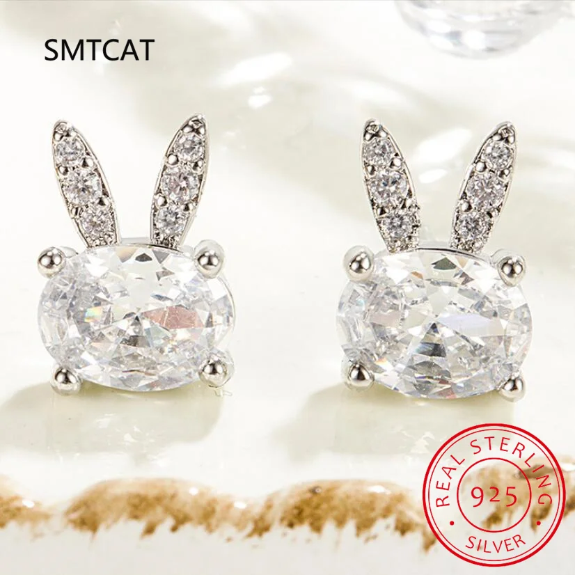 Pendientes de plata de ley 925 auténtica para mujer, aretes de conejo de circonita cúbica, joyería fina de moda para fiesta, accesorios minimalistas