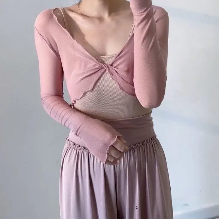 Cárdigans elegantes y sexys de moda para mujer, de color liso, transparentes, de manga larga, de malla, estilo vintage, con cordones, estilo urbano, cárdigans cortos.