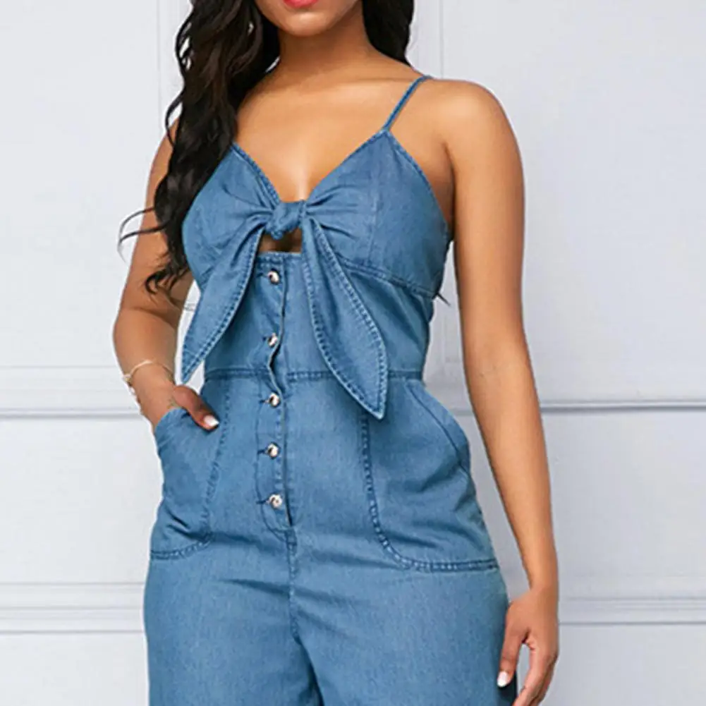 Lady Jumpsuit  Bow-knot Decor  Sleeveless  Straight Pants  V Neck Hollow Out Summer Denim Romper  Female Clothes