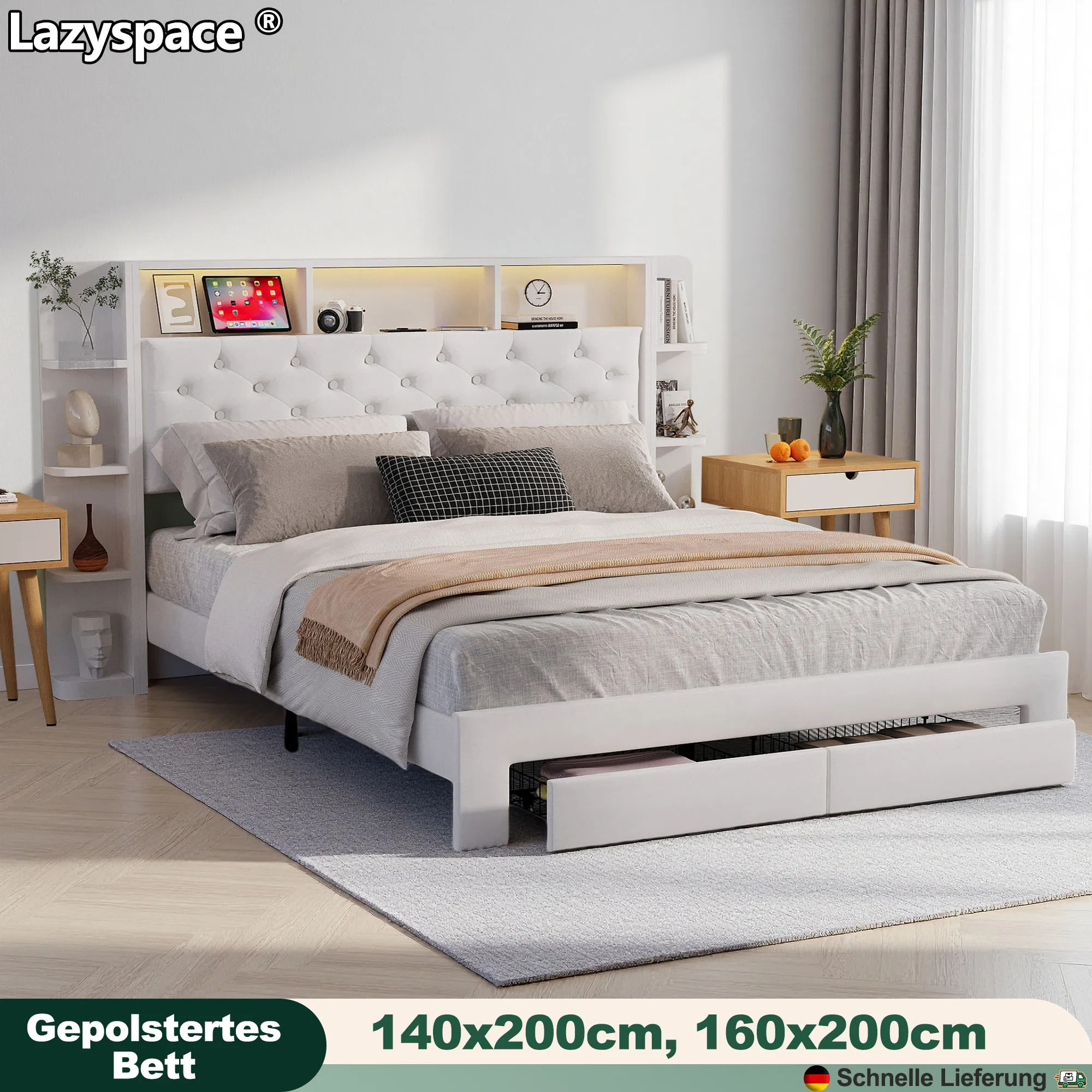 Cama 90x200 Cm Con Somier De Láminas, LED RGB Y Cajones - Incluye Puertos USB, Sin Colchón