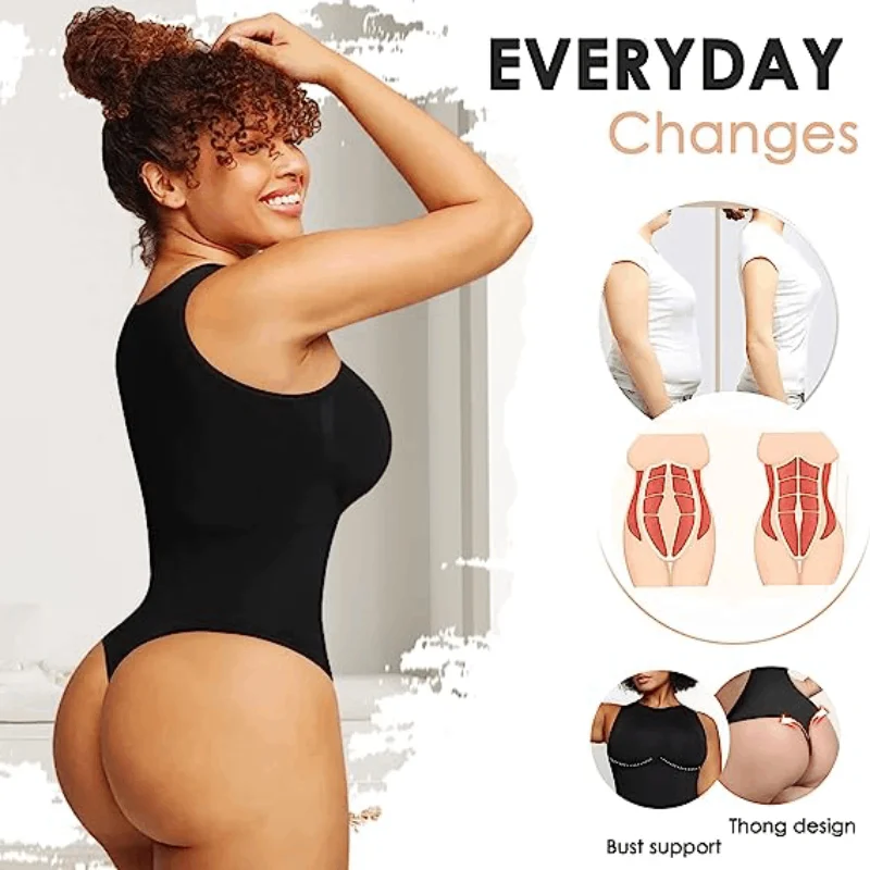 Body-Hugging T-shirt Bodysuit Tops Women Soft Crew Neck Body Shaper Thong Jumpsuit Flat Belly Corset Sexy Thong Shapewear