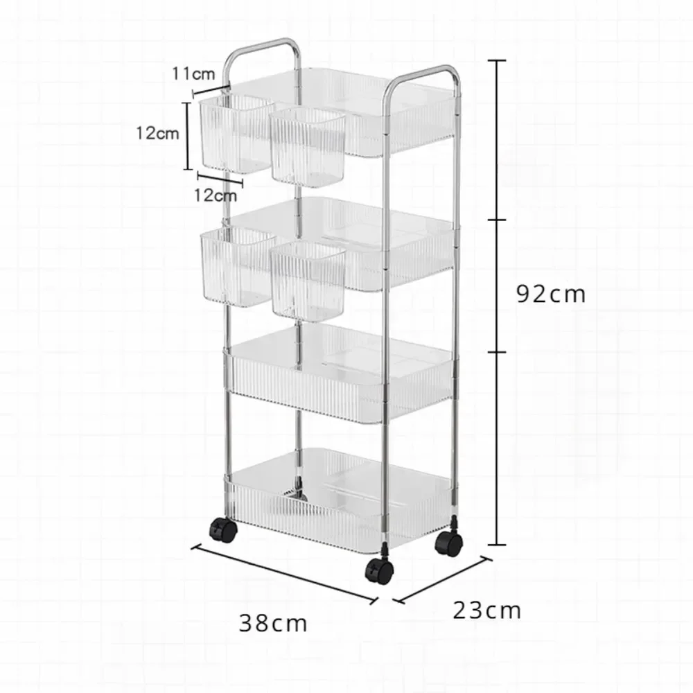 4 Tier Transparent Rolling Cart with Hanging Basket Mobile Kitchen Storage Racks Acrylic Bookshelf with Wheels Trolley Storage