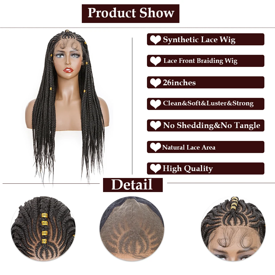 Snoilite 26Inches Synthetic Lace Frontal Braid Wigs with Golden Ring For Black Women Cornrow Braiding Brazilian Boxing Wig