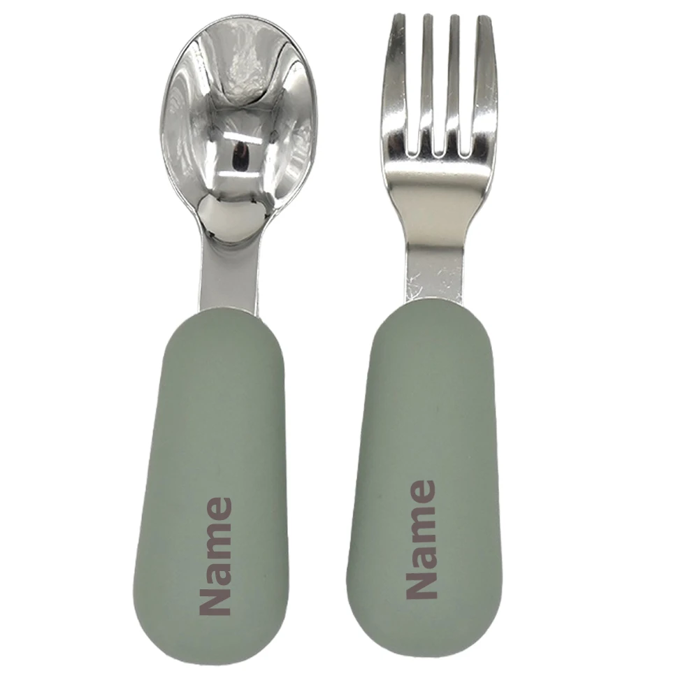 Baby Cutlery Set - Fork & Spoon - Stainless Steel with Silicone Handles - Free Name Printing - Children's Surprise Gift