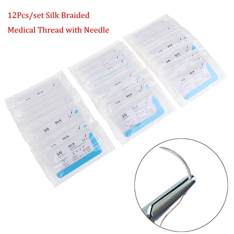 Suture Practice Kit 12PCS 2/0 3/0 4/0 Medical Needle Suture Nylon Monofilament Thread Teaching Demonstrations Exercises