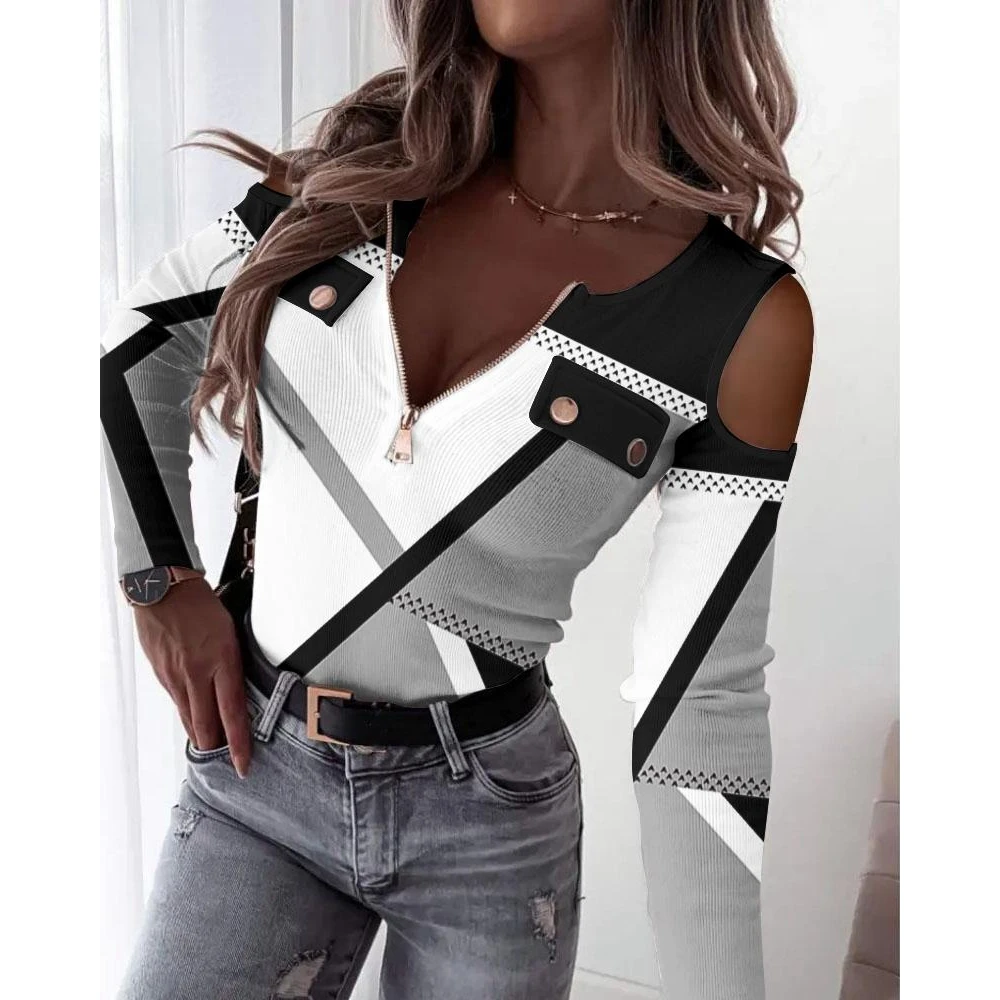 

Women Sexy Slim Geometric Print V Neck Zip Front Ribbed Tops Female Casual Studded Cold Shoulder Long Sleeve T Shirts Streetwear