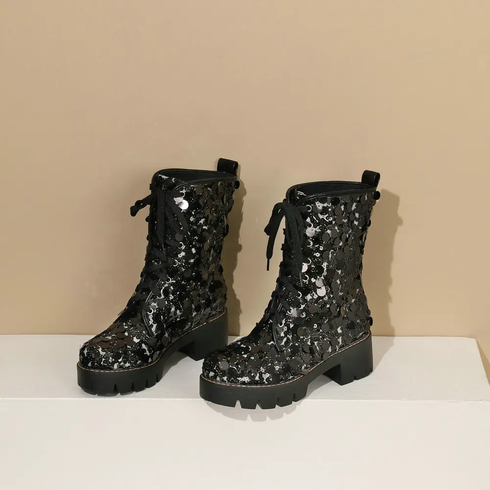 Sweet Lolita Women Mid Calf Boots Girls Lace Up Round Toe Bling Motorcycle Ridding Sequin Booties Thick Chunky Heel Dropship