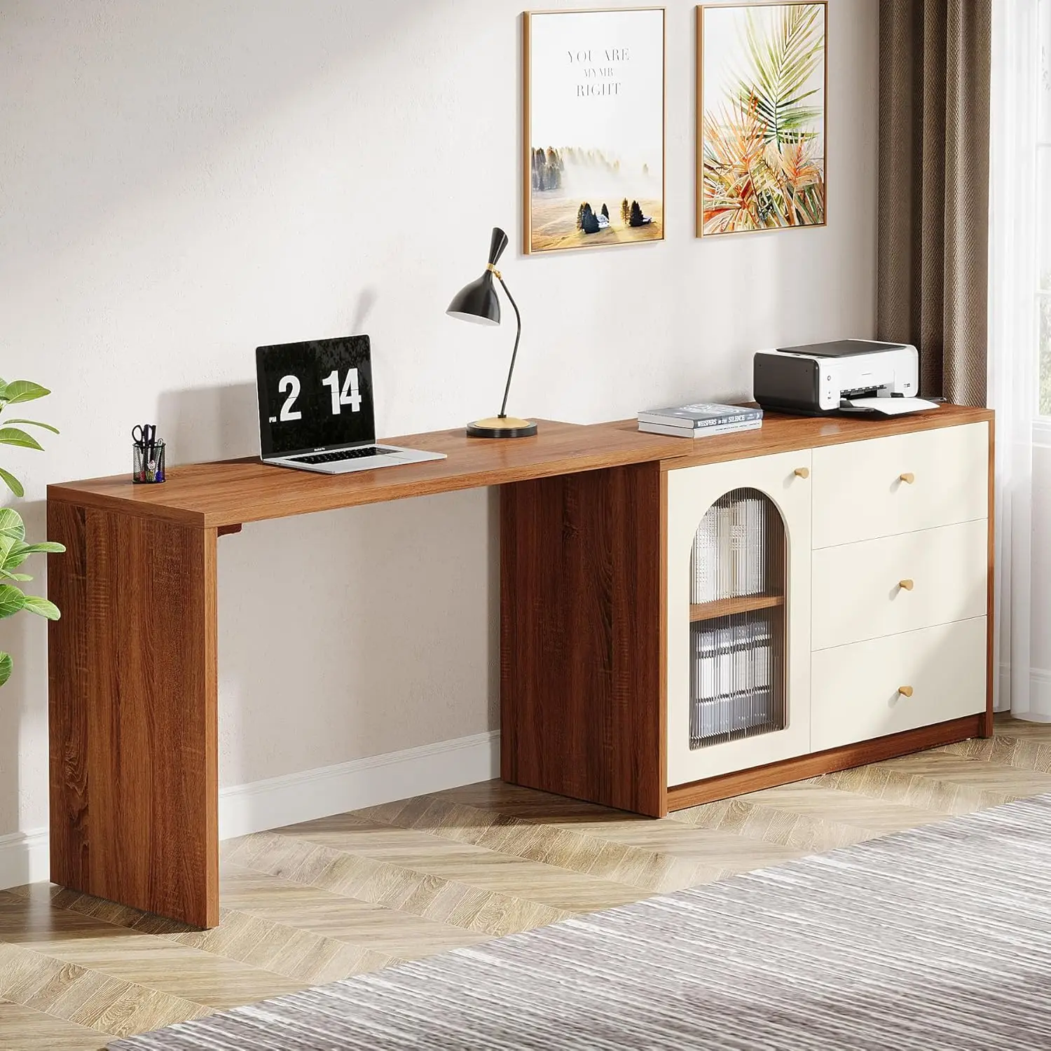 L Shaped Computer Desk with Drawers, Modern Corner Home Office Desk with Reversible Storage Cabinet, Long Study Writing Desk