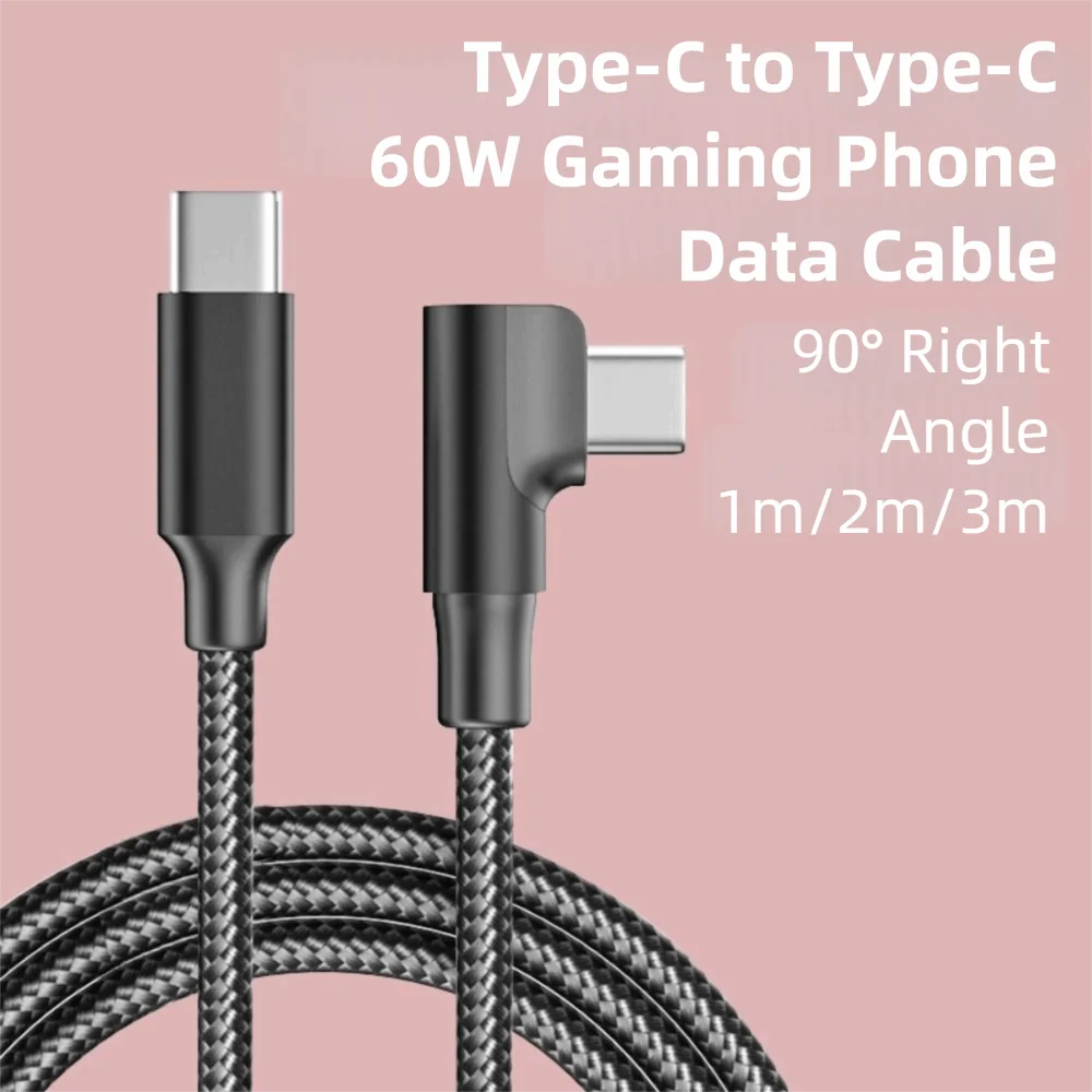 Nylon Braided 1/2/3M Cable 60W Type C To Type C Data Cord Fast Charging 90 Degree Angle Charger Wire Multiple Devices