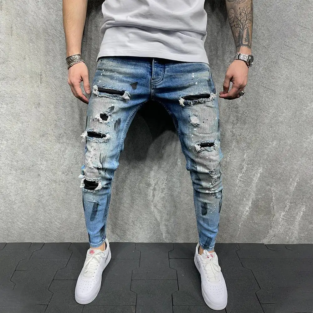 

Fashion Men Holes Skinny Jeans Vintage Streetwear Pants Male Denim Trouser Ripped Solid Hip Hop Slim Casual Jeans Pants