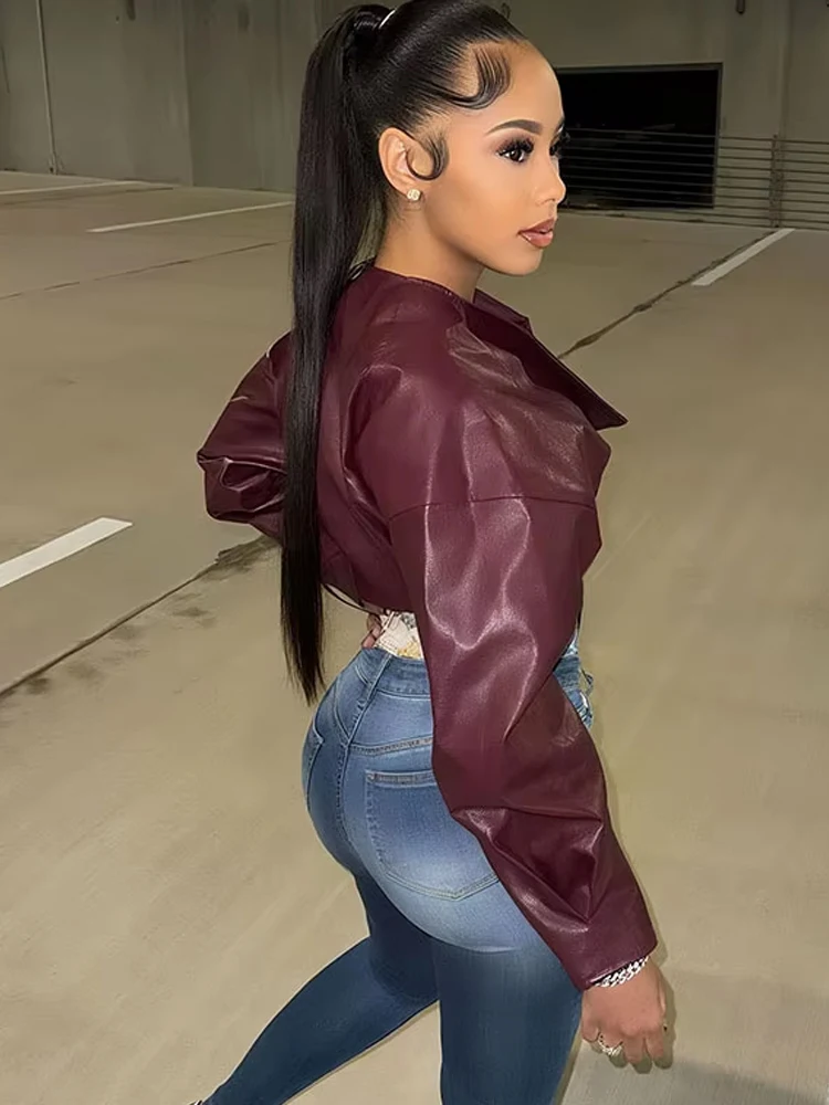 Weird Puss Single Button Crop Jacket Women Hipster Irregular Faux Leather Fall Trend Wild Basic Sexy Cross Neck Streetwear Coat - Image 3