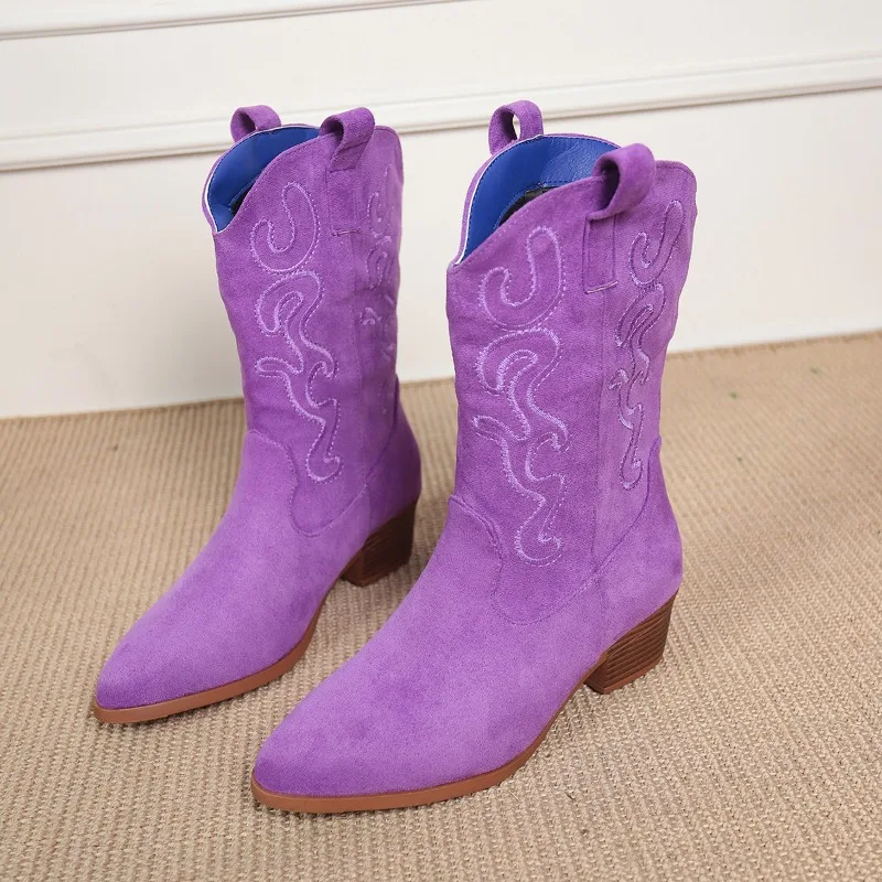Embroidered Western Cowboy Boots for Women Autumn Pointed Toe Thick Heel High Knee Boots Woman Loose PU Leather Long Botas Mujer - 5