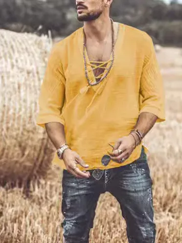 Faionable Casual Loose Middle-Sve V-Ne T-irt for Men Breathable Comfortable Pure Color irt with Belt at Chest