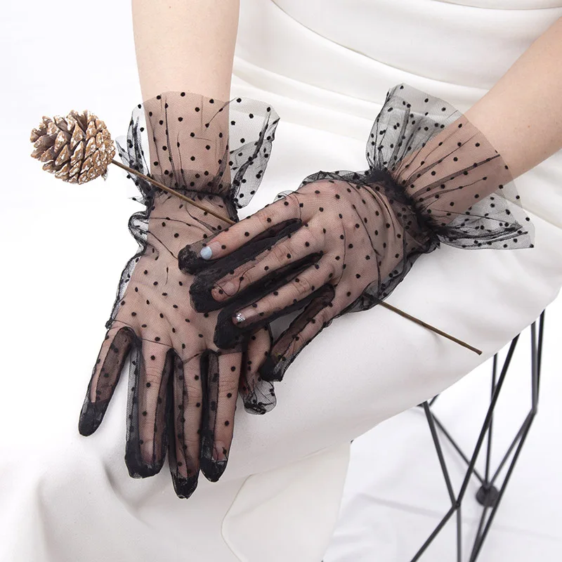 Women Black Sexy Transparentes Dot Mesh Tulle Gloves Wedding Bride Dress Gloves Thin Club Prom Party Dancing Dress Accessories