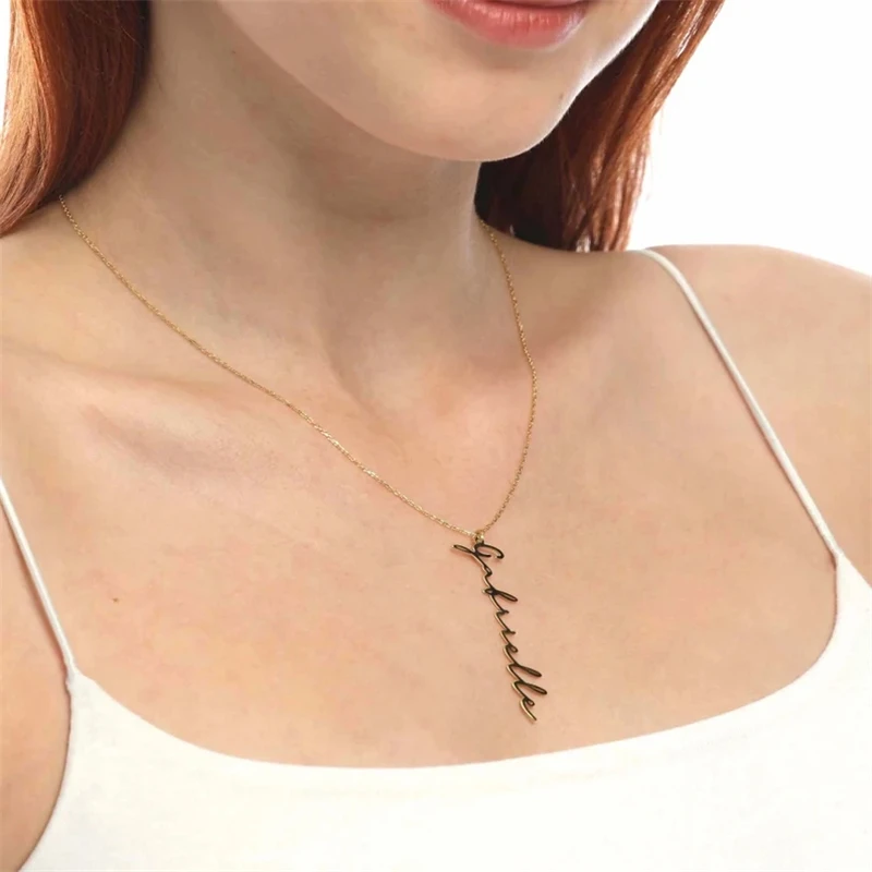 

Handmade Vertical Name Necklace Signature Letter Necklace Pendant Handwriting Charm Nameplate Stainless Steel Jewelry for Women