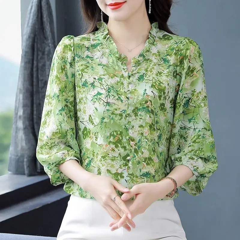 Temperament Printed V-neck with Wooden Ear Edge, Medium Sleeved Shirt for Women's Spring Button Loose Open Front Chiffon Tops