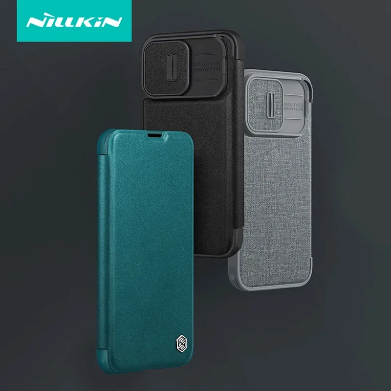 

For iPhone 15 Pro Max Case Nillkin Qin Pro Plain Leather +Fabric Cloth Slide Camera Book Cover with Card Slot For iPhone 15 Plus