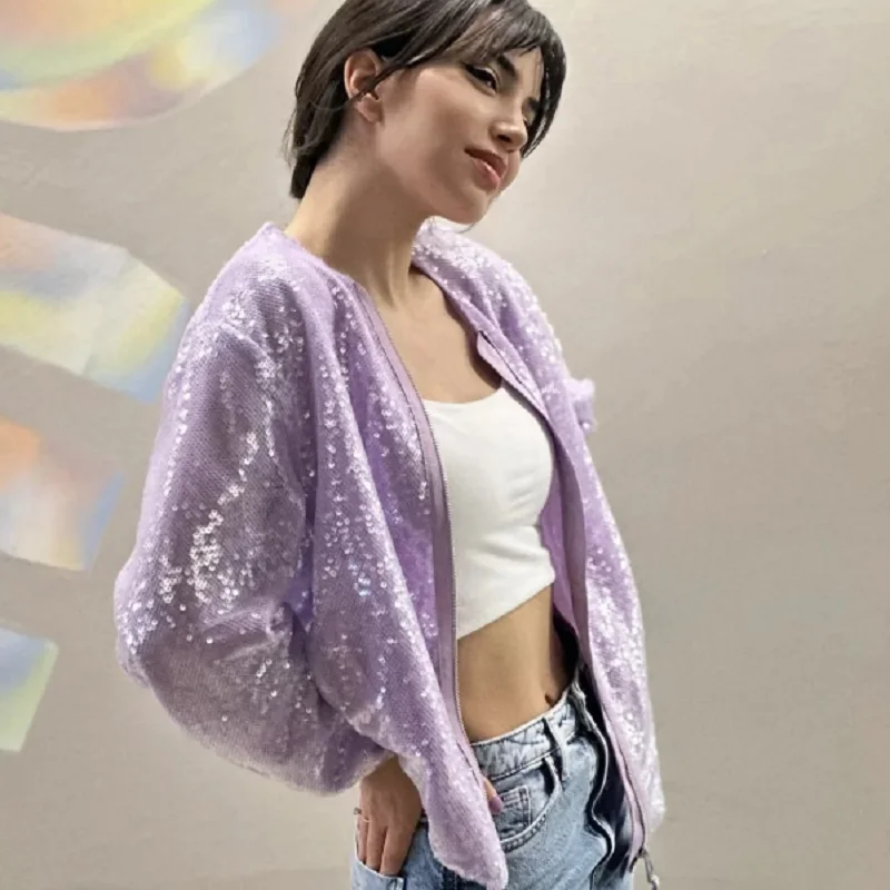 Sequin Jacket Solid Round Neck Zipper Top Women Chic Glitter Casual Coat Front Zipper Streewear With Pockets Loose Outfits 2023 fashion women s 3 piece skirt set allover sequin spaghetti strap tank crop top and skinny mini skirt set with open front coat