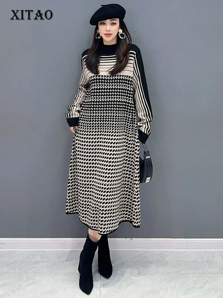 

XITAO Loose Striped Knitting Dress Fashion Contrast Color Patchwork Women Winter New Simplicity Slimming Trend Dress HQQ2049