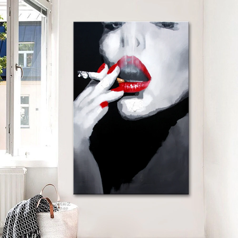 

Arthyx,Handpainted Modern Abstract Sexy Smoking Red Lips Oil Painting on Canvas,Wall Art,Picture For Living Room,Home Decoration