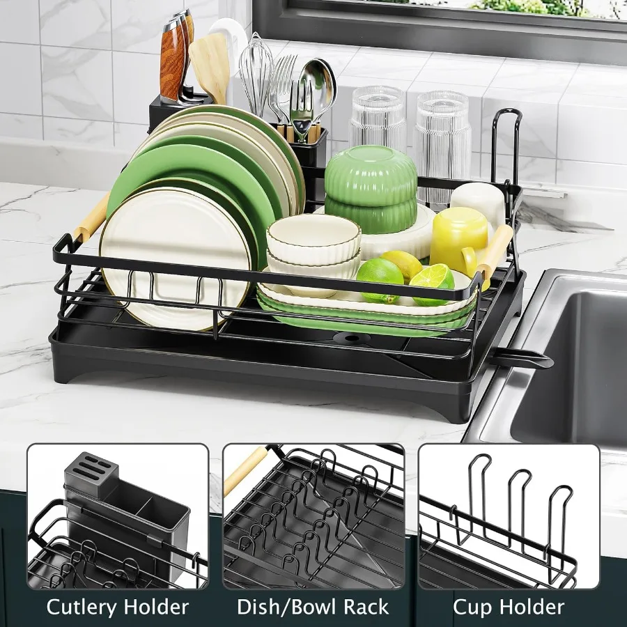 Dish Drying Rack for Kitchen CounterSpaceSaving Dish Rack Rustproof Dish Drainer with Utensil Holder and Knife Slots for Sink K