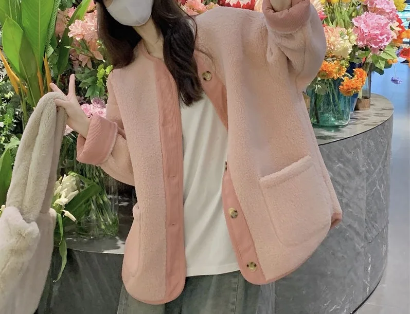2023 Winter Plush Thickened Cardigan Long Sleeve Casual Loose Simple Contrast Coat Retro Small Fragrance Coat