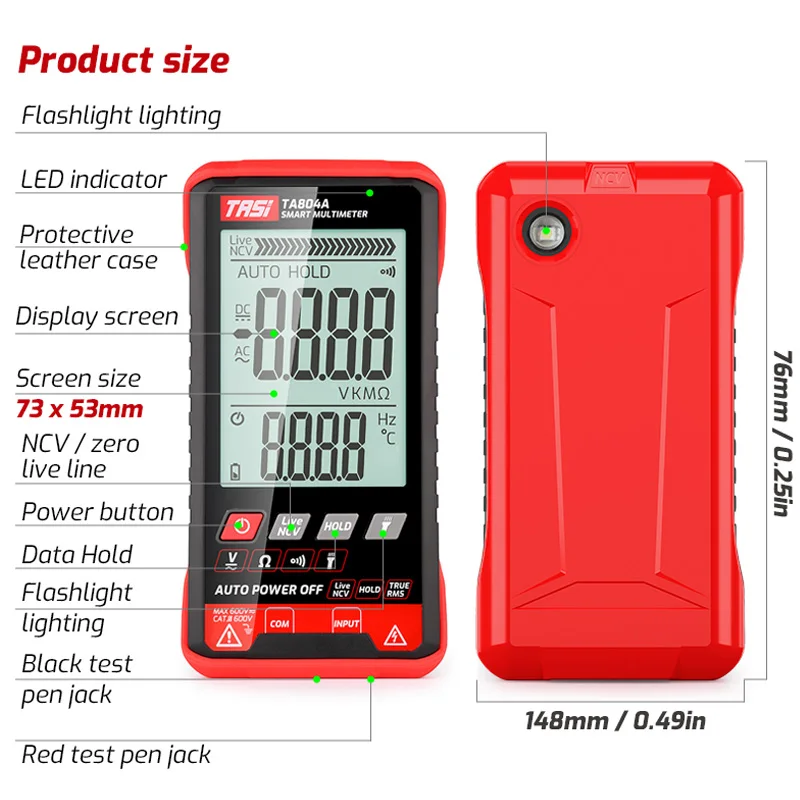 TASI TA804AB DIGITAL MULTIMETER Professional Auto Tester Multimeter HD Color Screen Ultrathin Intelligent OHM NCV Voltage Meter