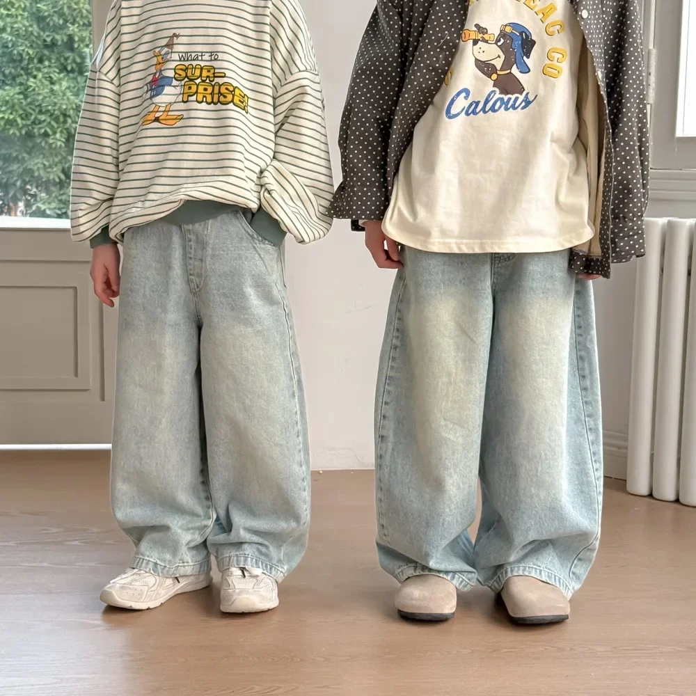 Children Clothes Kids Loose Pants Spring Boys and Girls Korean Style Solid Color Loose Casual Denim Straight Leg Pants