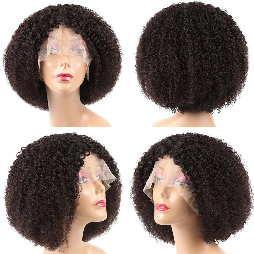 Afro Kinky Curly Wig Cheap Human Hair Wigs T Part Transparent Lace Short Curly Bob Hair Wig 250 Density Full Wigs For Women